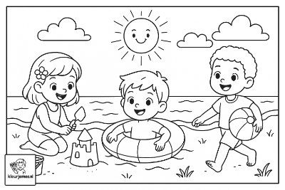 Kleurplaat Spelen op het strand