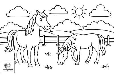 Paarden in de wei kleurplaat