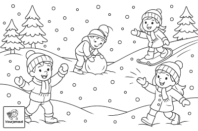 Spelen in de sneeuw kleurplaat