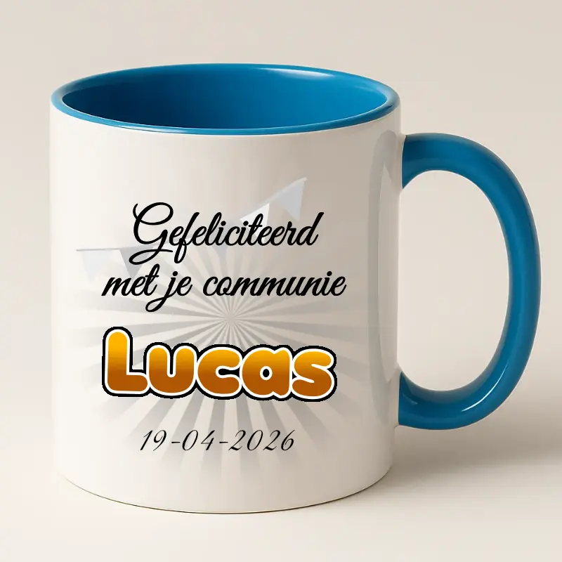 Communie cadeautje mok met naam en datum blauw