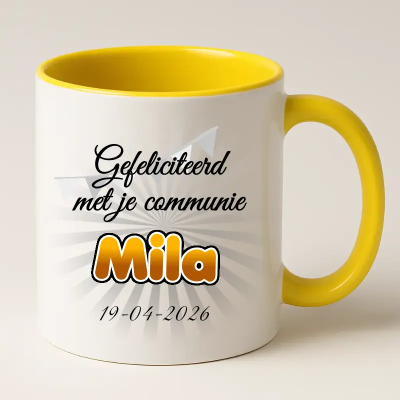Communie cadeautje mok met naam en datum geel