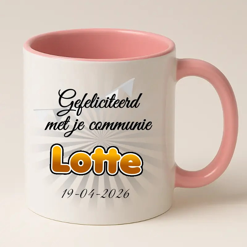 Communie cadeautje mok met naam en datum roze