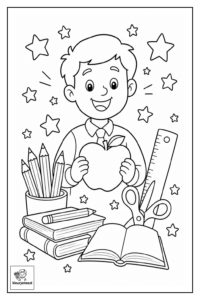 Een compositie met schoolspullen zoals potloden, boeken, een schaar en een liniaal, met sterren eromheen – Bedankt meester kleurplaten