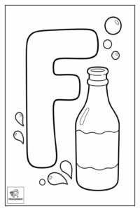 Een grote F met een fles en een paar simpele bubbels of druppels eromheen, overzichtelijk en rustig – Letter F kleurplaten