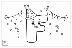 Hoofdletter F met een feesthoed en een paar feestelijke slingers, vrolijk maar niet te druk – Letter F kleurplaten