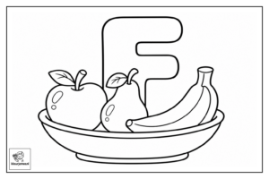 Hoofdletter F omringd door een fruitschaal met appel, peer en banaan, royaal kleurvlak voor peuters – Letter F kleurplaten